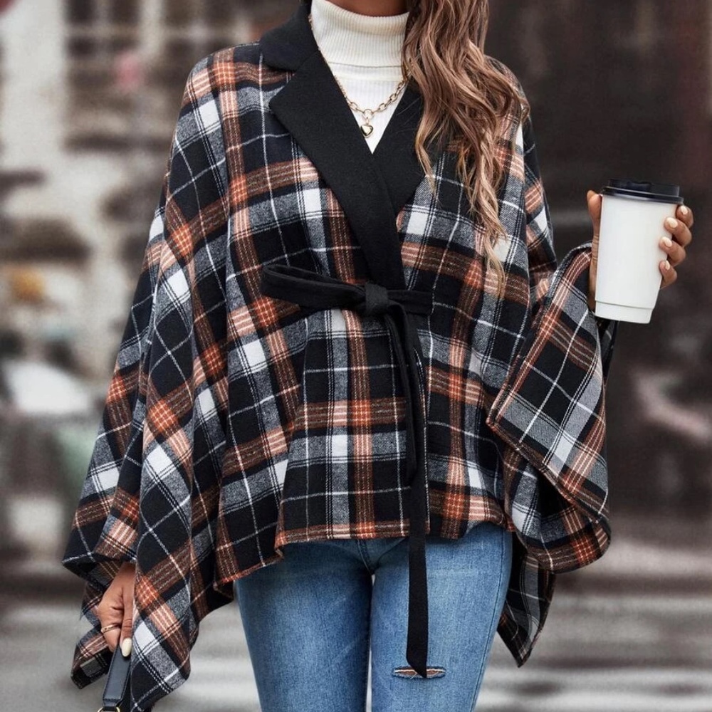Womens Plaid Tie Front Batwing Style Cape Lapel Contrast sz sm